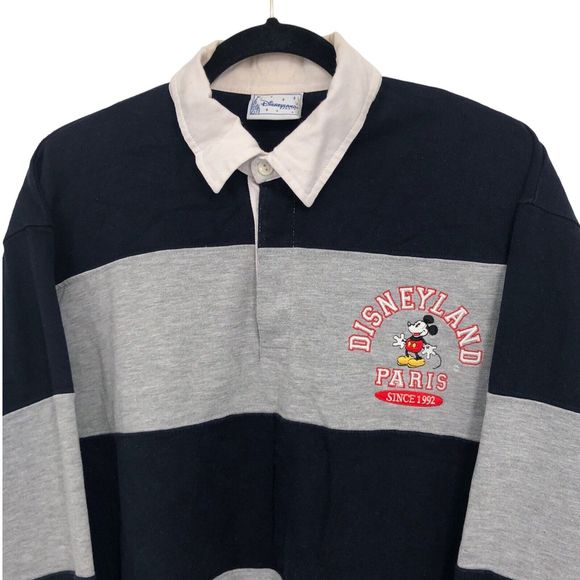 Disneyland Paris Rugby Blue Gray Striped Collared Polo Long Sleeve Shirt L/XL - Picture 2 of 8